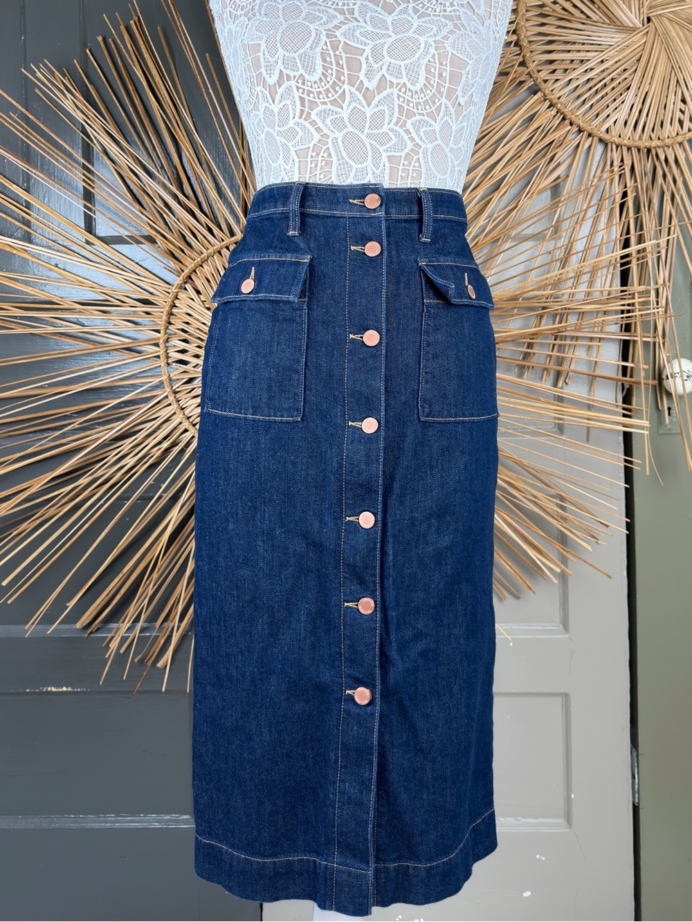 Banana Republic Dark Wash Retro Blue Denim High Waist Midi Utility Skirt 4